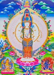 Afbeelding van de duizendarmige Avalokiteshvara, de elfhoofdige Avalokiteshvara met duizend armen en 1022 ogen die oneindig mededogen symboliseren