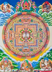 Mandala met duizend armen Avalokiteshvara; de heilige, magische cirkel die de elfkoppige Bodhisattva symboliseert die oneindig mededogen vertegenwoordigt