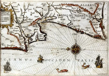 Kaap Sagres (of Heilige Kaap) aan het einde van Portugal na de portulan van Luca J. Waghenaer Treesor van zeevaart gedrukt in Leiden in 1592