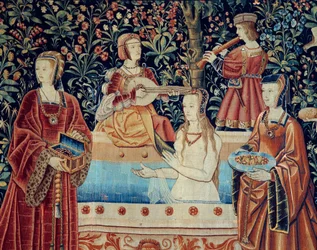 Wandtapijt uit de reeks ‘Het adellijke leven’: Het bad. Detail. Wandtapijt van wol en zijde, rond 1520 vervaardigd in de Nederlanden. Afmetingen: 2,8 x 2,6 m. Parijs, Musée national du Moyen Âge, Thermes de Cluny