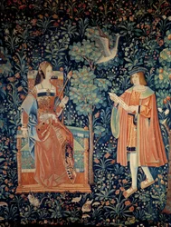 Gordijn van het seigneuriale leven: hoffelijke liefdesscène (detail)