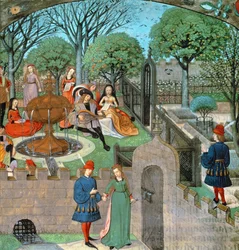 Tafereel in de tuin, de minnaar en dame Oyseuse (Luiheid) buiten de tuinmuren, uit 