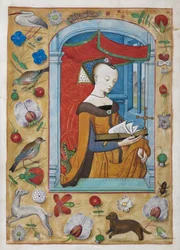 Aanbeveling aan St. Margaretha. De heilige, met een kruis in haar linkerhand, staat lezend onder een baldakijn, met een draak achter haar. Randen van trompe l