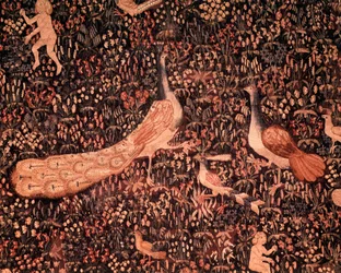 Het gordijn van het Seigneuriale Leven: detail met vogels, pauw