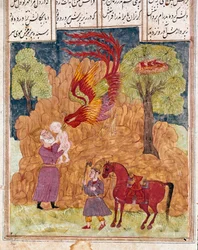 Islamitische kunst: de fabelachtige vogel Simurgh, vergelijkbaar met de feniks, draagt Zal, zoon van koning Siyam, die in de bergen werd achtergelaten omdat hij geen albino is. Perzische miniatuur uit een manuscript van het epos “Shahnameh” (Shah Nama