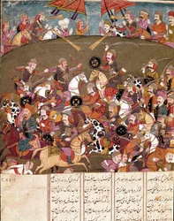 Islamitische kunst: gevechtsscène. Perzische miniatuur uit een manuscript van het epische gedicht 