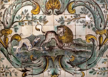 Hond die een leeuw bedreigt (detail)