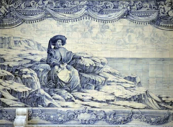 Hendrik de Zeevaarder, zittend, kijkend naar de zee - Azulejo uit de omgeving van Lissabon (Sintra).