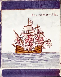 Voorstelling van een karveel (schip) van de Portugese vloot (tekening op keramiek)
