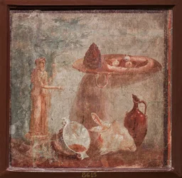 Beeld van Dionysos, geitenkop en fruit, Herculaneum