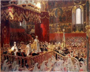 Kroning van Nicolaas II in 1896 in de Ontslapeniskathedraal in Moskou - anoniem Russisch schilderij
