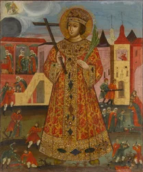Russisch icoon: Tsarevitsj Demetrius met moordscènes