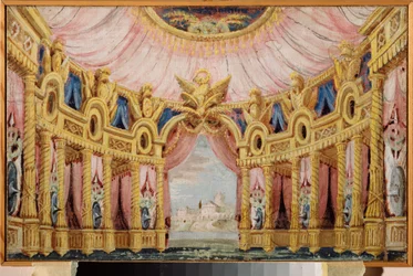 Hal met colonnade. Voorbereidende decor voor een toneelstuk