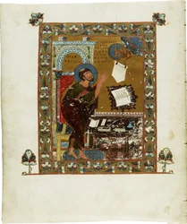 Het Ostromir-evangelie, werk gecreëerd door diaken Gregory (actief 1054-1057) voor zijn patroon Posadnik Ostromir van Novgorod, aquarel op perkament