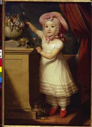 Portret van Ekaterina Dmitrievna Obreskova (1822-1874). Een klein meisje, elegant en verfijnd, reikt op haar tenen naar enkele bloemen in een boeket. Anoniem schilderij, olie op doek