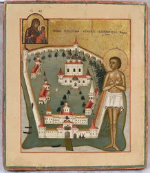 Sint Jacobus van Borovichi (overleden in 1540), wonderdoener van Novgorod met het Valday Iversky Klooster door Russische icoon, Begin 19e eeuw