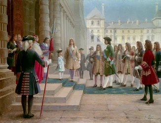 Tsaar Peter de Grote (1672-1725) verwelkomd door Lodewijk XV als kind in Versailles in 1717 - Schilderij door Gorsky (19e eeuw)