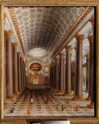 Zicht op het interieur van de Kazankathedraal in Sint-Petersburg. Schilderij van een Russische meester, olie op doek, begin 19e eeuw. Russische kunst. State Tretyakov Gallery, Moskou.
