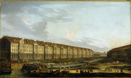 Zicht op het gebouw van de twaalf colleges in Sint-Petersburg. Beschrijving van de koer van de kooplieden aan de Neva, verkeer en transport van goederen en koetsen. Anoniem schilderij, olie op doek