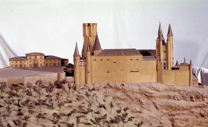 Militaire architectuur: miniatuurmodel van het Koninklijk Alcazar van Segovia gebouwd door koning Alfonso VI van Castilië. Madrid Legermuseum