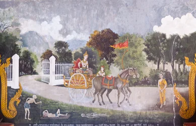 Fresco die een scène uit het leven van Boeddha uitbeeldt, Wat Phra That Doi Suthep tempel