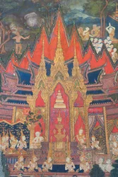 Muurschilderingen in de Buddhaisawan-kapel die Indra afbeelden die uit de hemel neerdaalt kort na de crematie van de Boeddha en de meest waardevolle relikwie, een tand, uit de chignon van de brahmaan grijpt