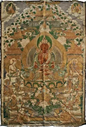 Amitabha (boeddha van het zuivere land) - Tibetaanse schildering, pigmenten en goud op textiel, eind 19e eeuw