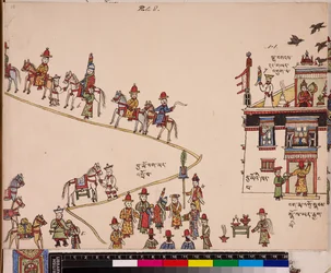 Illustratie van een deel van een huwelijksceremonie: de bruid wordt bij haar huis opgehaald, ca. 1844 - 62 (pigmenten op papier)