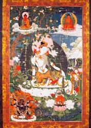 De bodhisattva Avalokitesvara Padmapani zittend, tanka of thangka (Boeddhistische banier), Tibetaanse beschaving