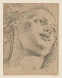 Studie van vrouwelijk hoofd kijkend naar rechts (recto); Studie van twee figuren die een object ondersteunen (verso)