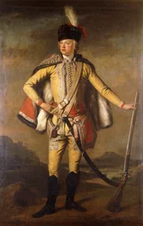 Portret van John Lindsay, 20e Graaf van Crawford en Lindsay, in Hussarenuniform, met een Vuursteenmusket, een Landschap op de Achtergrond, c.1745