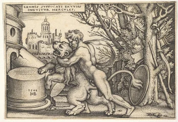 Hercules, in profiel, doodt de Nemeïsche leeuw met zijn arm om zijn nek, uit 