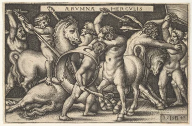 Hercules met zijn knuppel in het midden vechtend tegen een centaur, andere mannen vechten tegen centauren links, 1542