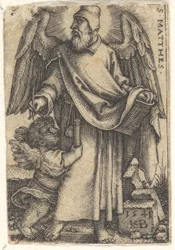 Plaat 1: Sint Mattheüs met zijn hoofd in profiel naar links gedraaid, een cherub linksonder, 1541