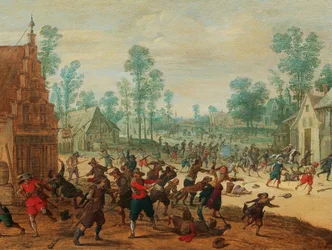 Vechtende soldaten in een dorp, ca. 1630