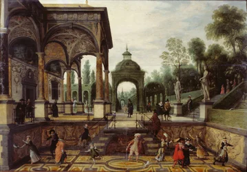 Italiaanse tuin met galerij en figuren, Eerste derde van de 17e eeuw