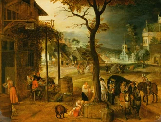 Dorp met reizigers die verfrissingen nemen bij een herberg