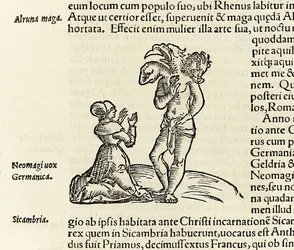 Een heks roept een driekoppige demon op, uit de uitgave van 1550 van 