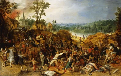 Een Landschap met Plunderaars die een Wagenkonvooi aanvallen en een Dorp Plunderen