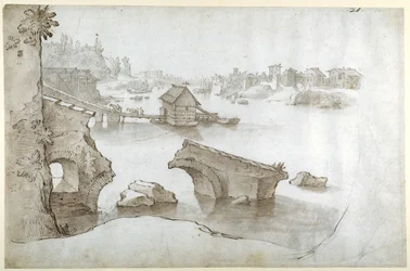Een uitzicht op de Tiber met de ruïnes van de Ponte Rotto, de Marmorata en de Ripa Grande