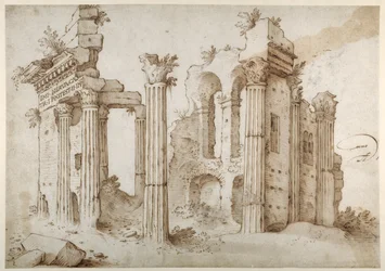 Kolomvormige ruïnes van de Tempel van Minerva, Forum van Nerva, Rome