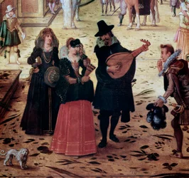 Landschap met de Villa Medici in Rome, Italië. Detail: elegante wandelaars en muzikanten in het park. 17e eeuw, Napels, Museo Nazionale di Capodimonte