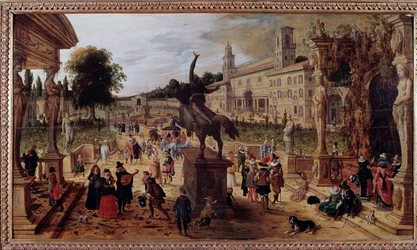 Landschap met de Villa Medici in Rome, Italië. Elegante wandelaars en muzikanten in het park. 17e eeuw, Napels, Museo Nazionale di Capodimonte
