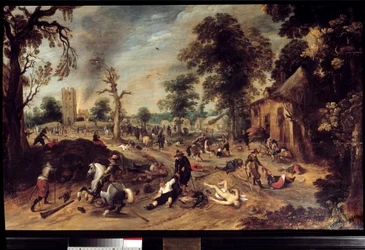 Plundering in een Dorp Een groep ruiters plunderde en slachtte de inwoners van een dorp, het lichaam van een naakte vrouw ligt op de grond, een andere wordt bij het haar gesleept. Schilderij door Sebastien Vrancx