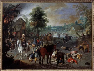 Scène van plundering in een dorp