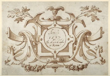 Bandwerk cartouche geassocieerd met de set van zijn Romeinse Zichten