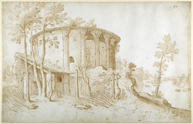 De Tempel van Vesta in het Forum Boarium, gezien vanuit het noorden, de Tiber aan de rechterkant, ca. 1650
