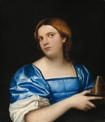 Portret van een jonge vrouw als wijze maagd, ca. 1510 (olieverf op hardboard overgebracht van paneel)