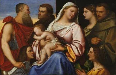 Madonna en kind met heiligen en schenkers