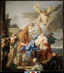 De dood van Dido. Dido, koningin van Carthago, die het verlaten worden door Aeneas niet kan verdragen, verkiest zich op een brandstapel met Aeneas